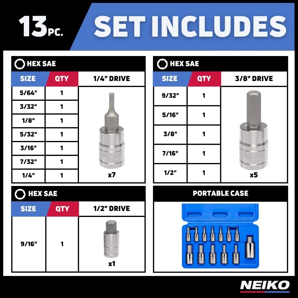 Neiko 10075A SAE Hex Bit Socket Set | 13-Piece Set | S2 Steel